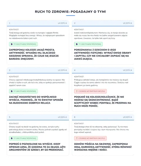 Scenka w parach: karty rol ucznia A i ucznia B do przeciecia wzdluz linii.