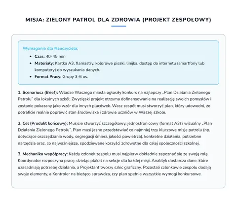 Projekt zespolowy: scenariusz, produkt koncowy, podzial rol i kryteria oceny.