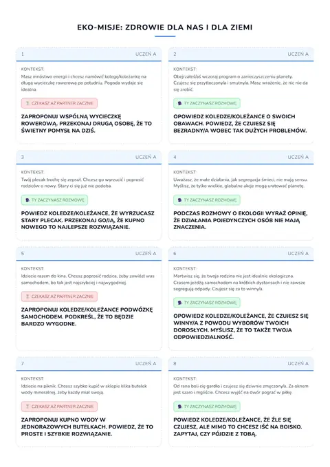 Scenka w parach: karty rol ucznia A i ucznia B do przeciecia wzdluz linii.