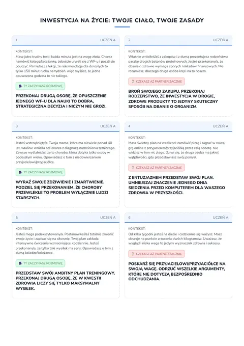 Rozmowa w parach: karty rol ucznia A i ucznia B do przeciecia wzdluz linii.