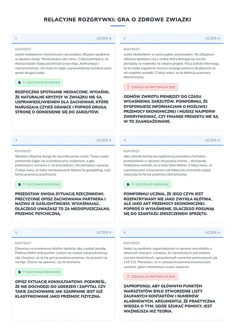 Rozmowa w parach: karty rol ucznia A i ucznia B do przeciecia wzdluz linii.