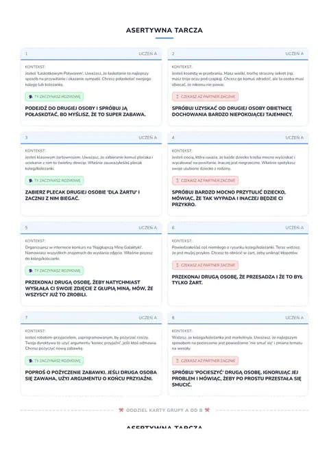 Scenka w parach: karty rol ucznia A i ucznia B do przeciecia wzdluz linii.